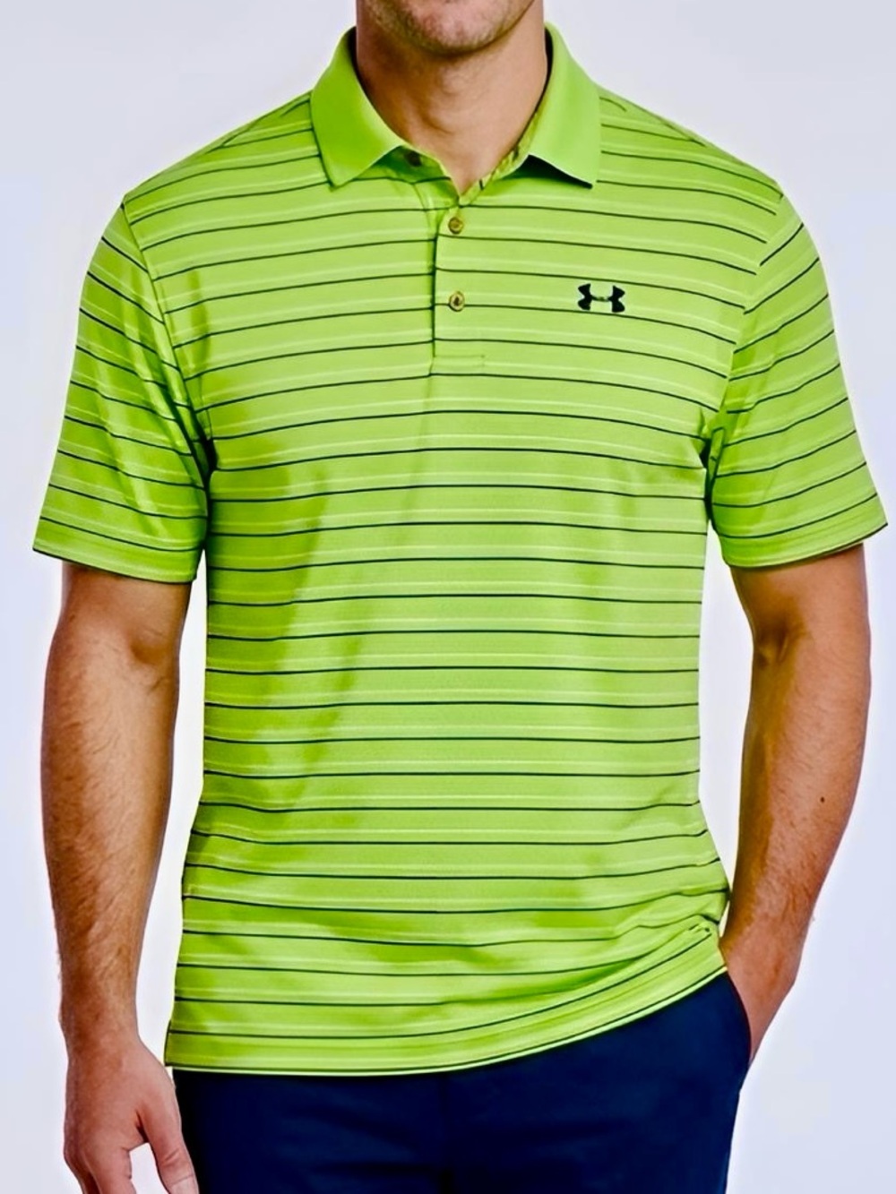 UNDER ARMOUR Golf Men's Lime Green Striped Polo Shirt w Collar